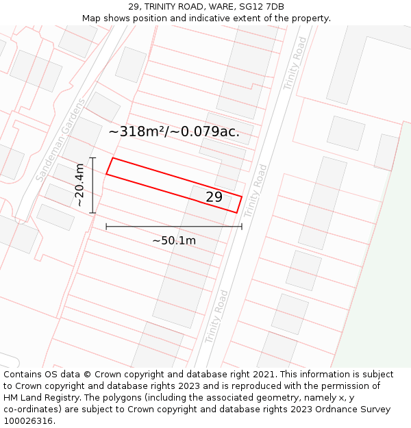 29, TRINITY ROAD, WARE, SG12 7DB: Plot and title map