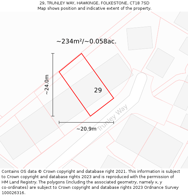 29, TRUNLEY WAY, HAWKINGE, FOLKESTONE, CT18 7SD: Plot and title map