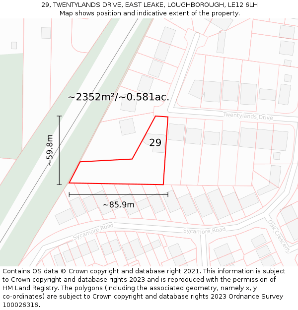 29, TWENTYLANDS DRIVE, EAST LEAKE, LOUGHBOROUGH, LE12 6LH: Plot and title map