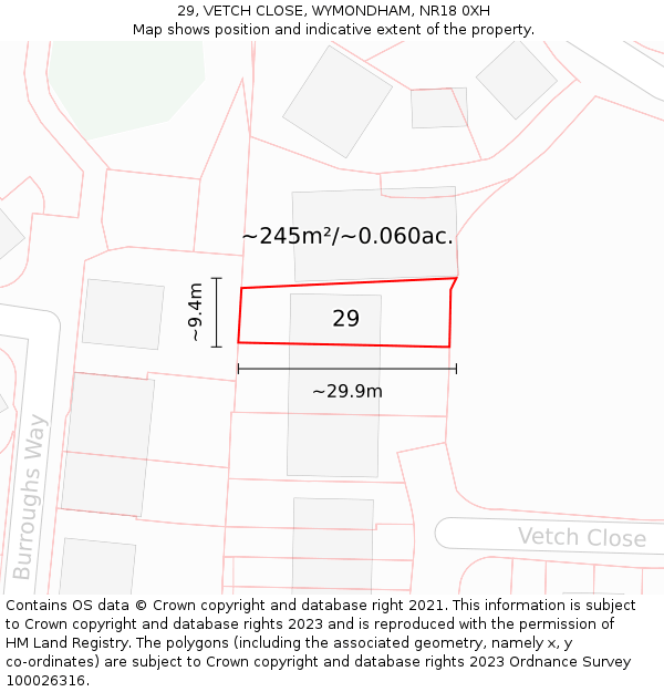 29, VETCH CLOSE, WYMONDHAM, NR18 0XH: Plot and title map