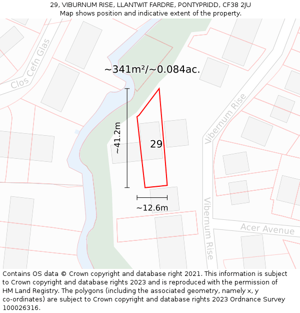 29, VIBURNUM RISE, LLANTWIT FARDRE, PONTYPRIDD, CF38 2JU: Plot and title map