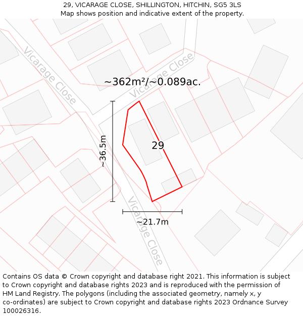 29, VICARAGE CLOSE, SHILLINGTON, HITCHIN, SG5 3LS: Plot and title map