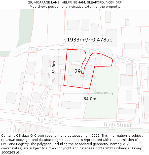 29, VICARAGE LANE, HELPRINGHAM, SLEAFORD, NG34 0RP: Plot and title map