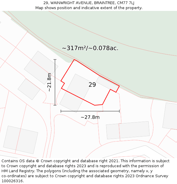 29, WAINWRIGHT AVENUE, BRAINTREE, CM77 7LJ: Plot and title map