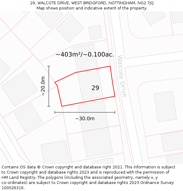 29, WALCOTE DRIVE, WEST BRIDGFORD, NOTTINGHAM, NG2 7JQ: Plot and title map