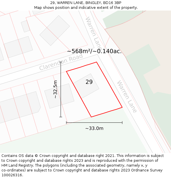 29, WARREN LANE, BINGLEY, BD16 3BP: Plot and title map