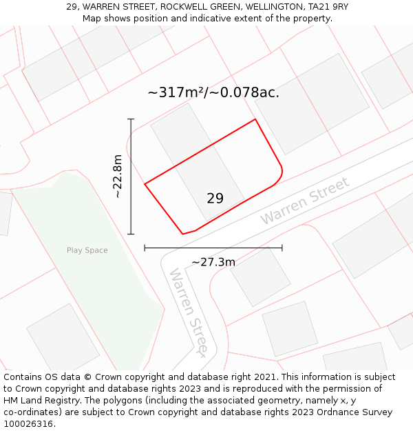 29, WARREN STREET, ROCKWELL GREEN, WELLINGTON, TA21 9RY: Plot and title map