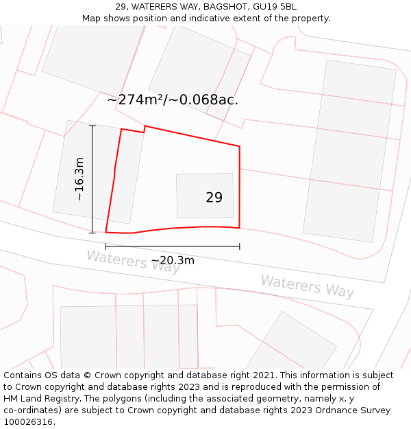 29, WATERERS WAY, BAGSHOT, GU19 5BL: Plot and title map