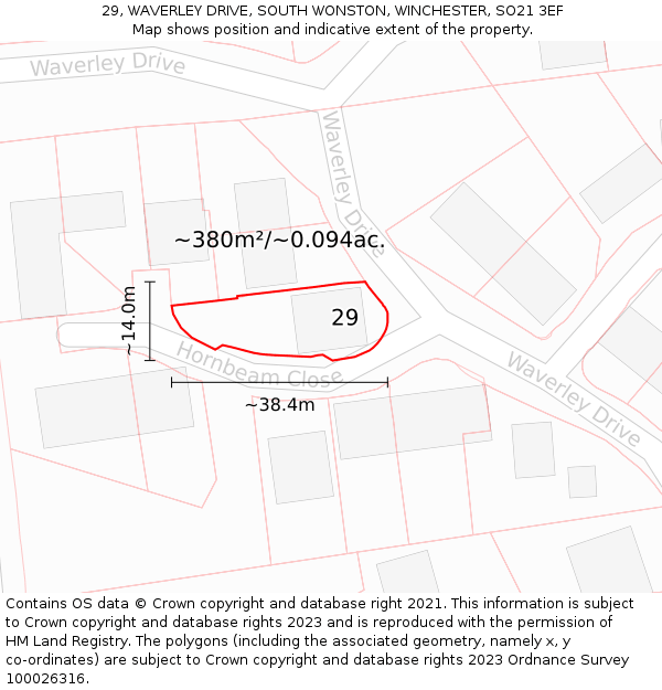 29, WAVERLEY DRIVE, SOUTH WONSTON, WINCHESTER, SO21 3EF: Plot and title map