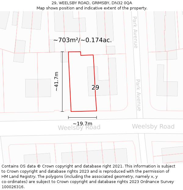 29, WEELSBY ROAD, GRIMSBY, DN32 0QA: Plot and title map
