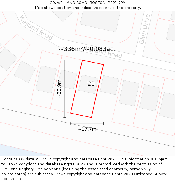 29, WELLAND ROAD, BOSTON, PE21 7PY: Plot and title map