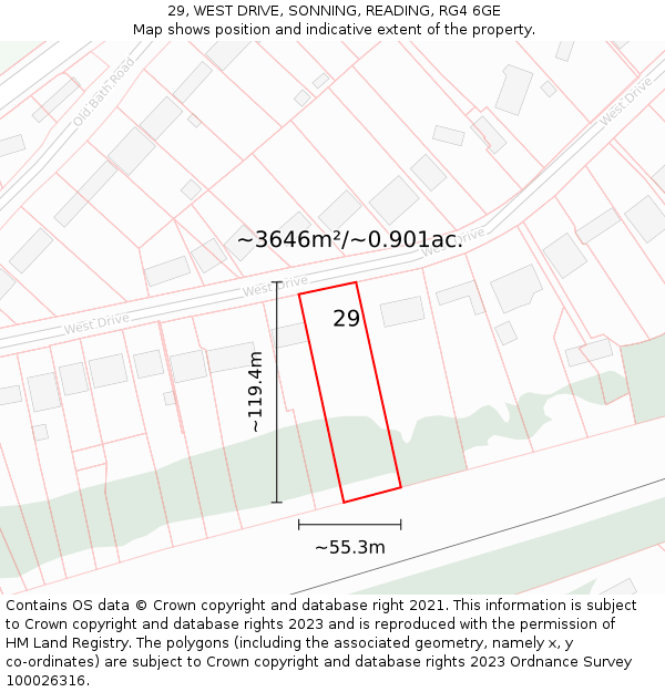29, WEST DRIVE, SONNING, READING, RG4 6GE: Plot and title map
