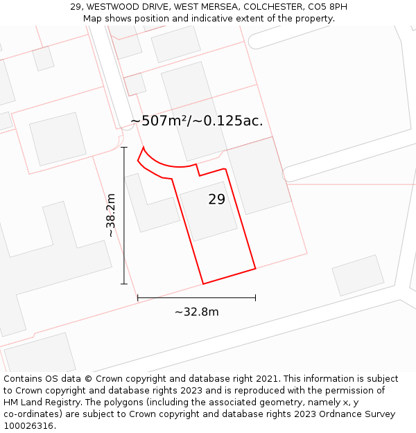 29, WESTWOOD DRIVE, WEST MERSEA, COLCHESTER, CO5 8PH: Plot and title map