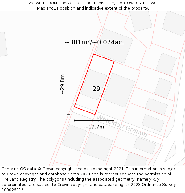 29, WHIELDON GRANGE, CHURCH LANGLEY, HARLOW, CM17 9WG: Plot and title map