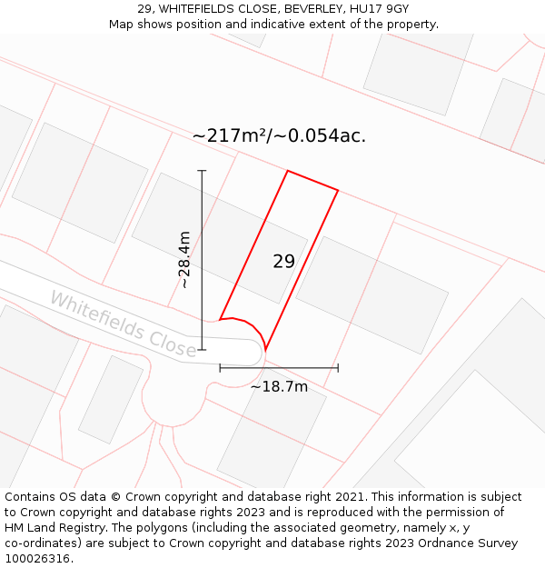 29, WHITEFIELDS CLOSE, BEVERLEY, HU17 9GY: Plot and title map