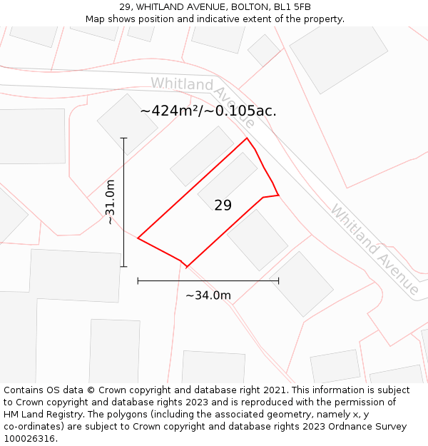 29, WHITLAND AVENUE, BOLTON, BL1 5FB: Plot and title map