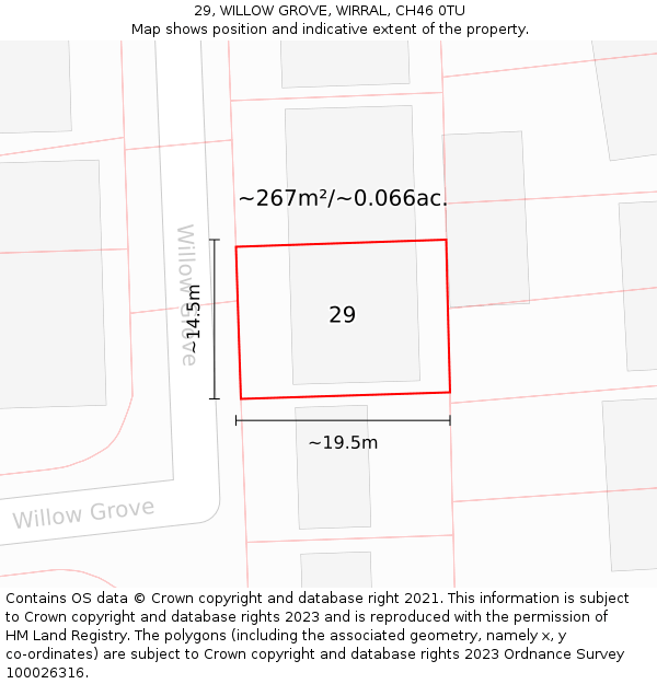 29, WILLOW GROVE, WIRRAL, CH46 0TU: Plot and title map