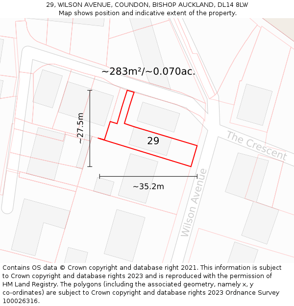 29, WILSON AVENUE, COUNDON, BISHOP AUCKLAND, DL14 8LW: Plot and title map