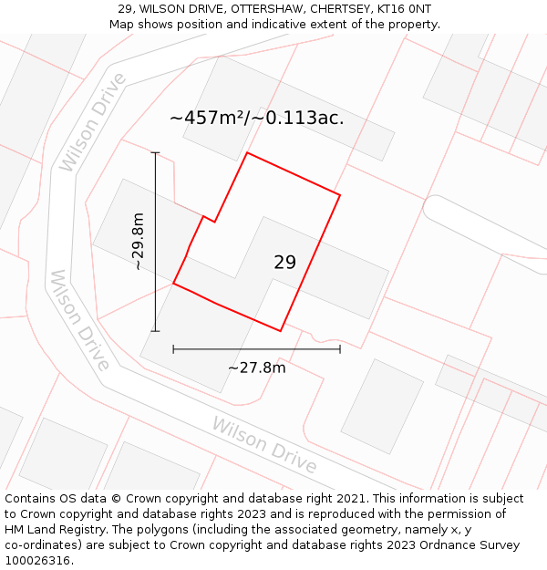 29, WILSON DRIVE, OTTERSHAW, CHERTSEY, KT16 0NT: Plot and title map