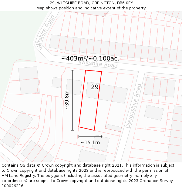 29, WILTSHIRE ROAD, ORPINGTON, BR6 0EY: Plot and title map