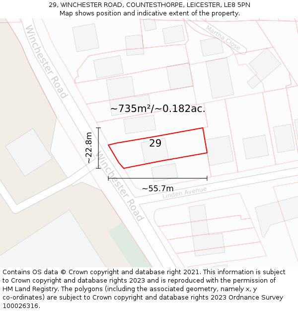 29, WINCHESTER ROAD, COUNTESTHORPE, LEICESTER, LE8 5PN: Plot and title map