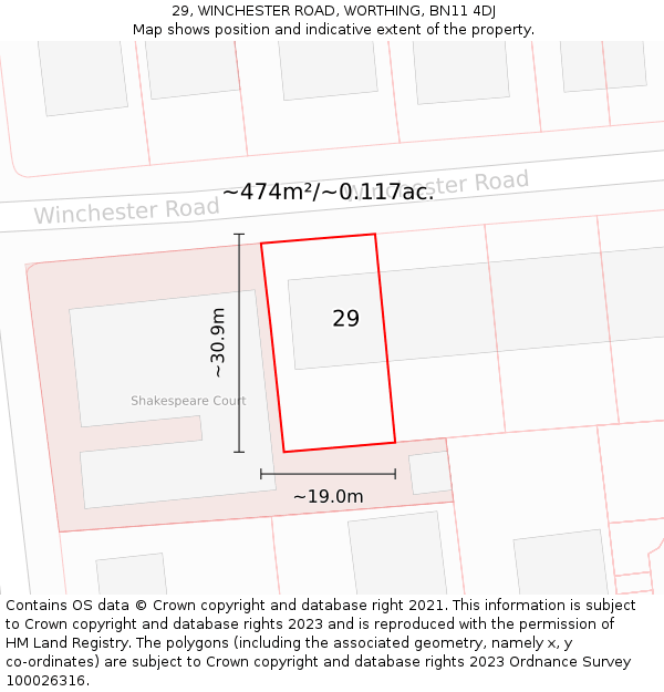 29, WINCHESTER ROAD, WORTHING, BN11 4DJ: Plot and title map