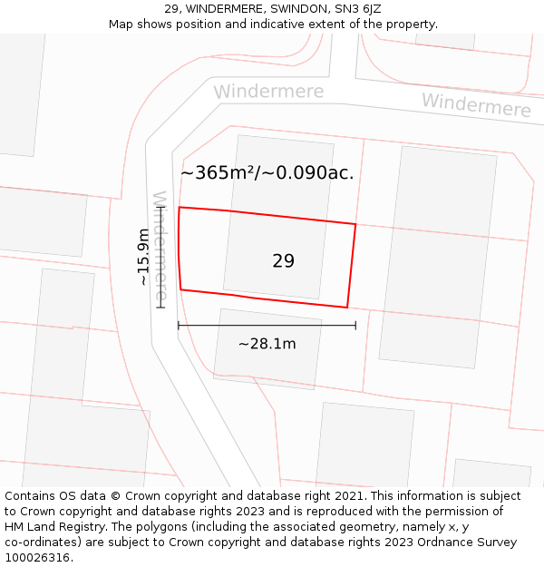 29, WINDERMERE, SWINDON, SN3 6JZ: Plot and title map