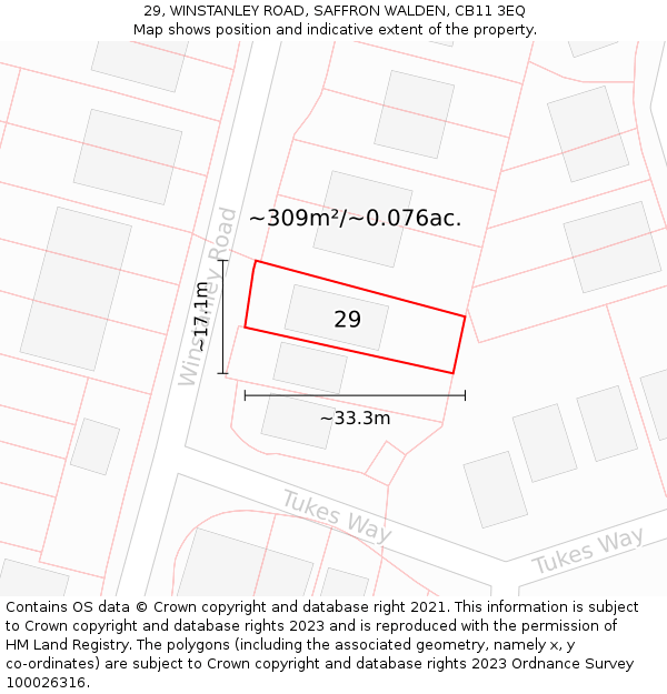 29, WINSTANLEY ROAD, SAFFRON WALDEN, CB11 3EQ: Plot and title map