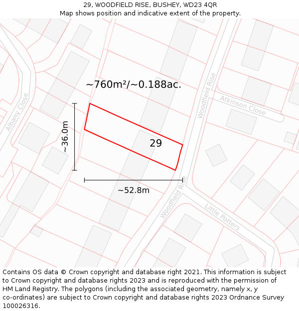 29, WOODFIELD RISE, BUSHEY, WD23 4QR: Plot and title map