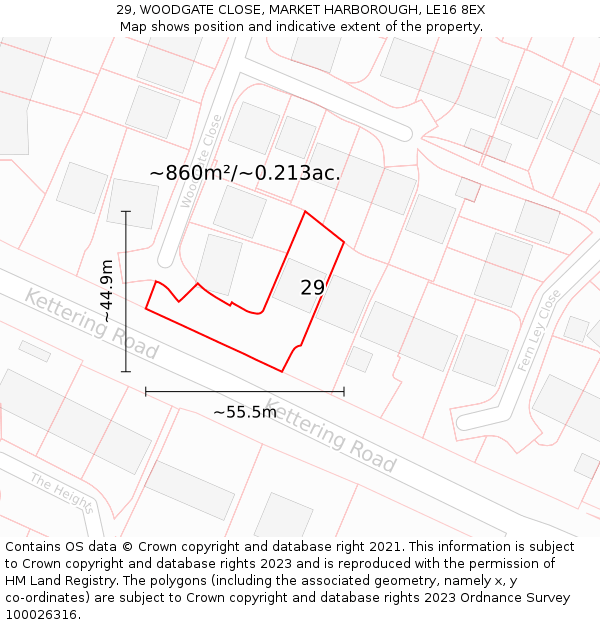29, WOODGATE CLOSE, MARKET HARBOROUGH, LE16 8EX: Plot and title map