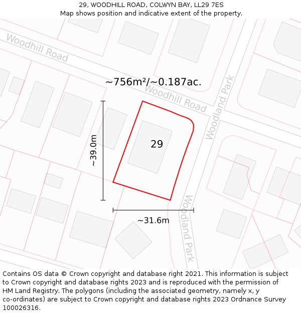 29, WOODHILL ROAD, COLWYN BAY, LL29 7ES: Plot and title map