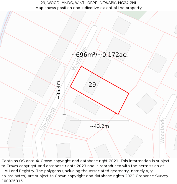 29, WOODLANDS, WINTHORPE, NEWARK, NG24 2NL: Plot and title map