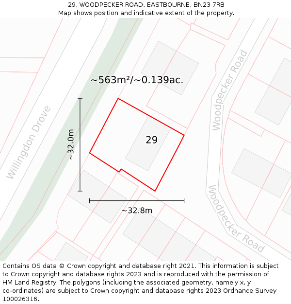 29, WOODPECKER ROAD, EASTBOURNE, BN23 7RB: Plot and title map