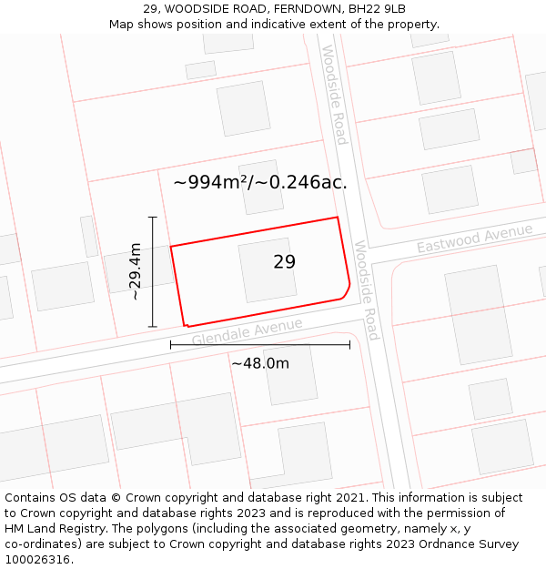 29, WOODSIDE ROAD, FERNDOWN, BH22 9LB: Plot and title map