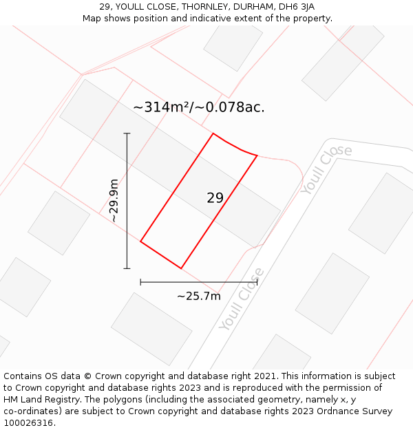 29, YOULL CLOSE, THORNLEY, DURHAM, DH6 3JA: Plot and title map