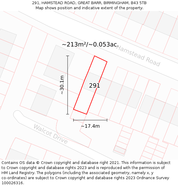 291, HAMSTEAD ROAD, GREAT BARR, BIRMINGHAM, B43 5TB: Plot and title map