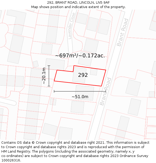 292, BRANT ROAD, LINCOLN, LN5 9AF: Plot and title map