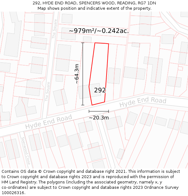 292, HYDE END ROAD, SPENCERS WOOD, READING, RG7 1DN: Plot and title map