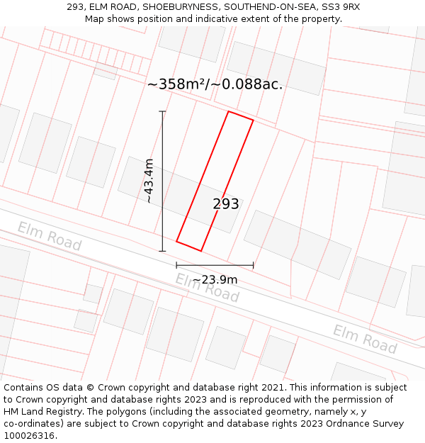 293, ELM ROAD, SHOEBURYNESS, SOUTHEND-ON-SEA, SS3 9RX: Plot and title map