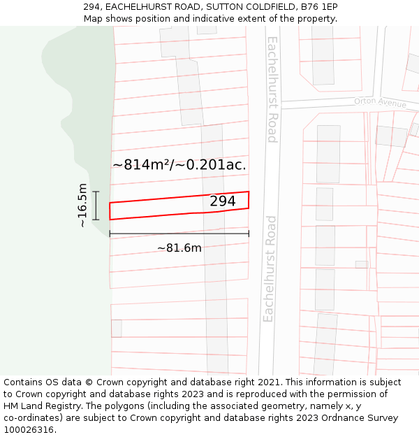 294, EACHELHURST ROAD, SUTTON COLDFIELD, B76 1EP: Plot and title map