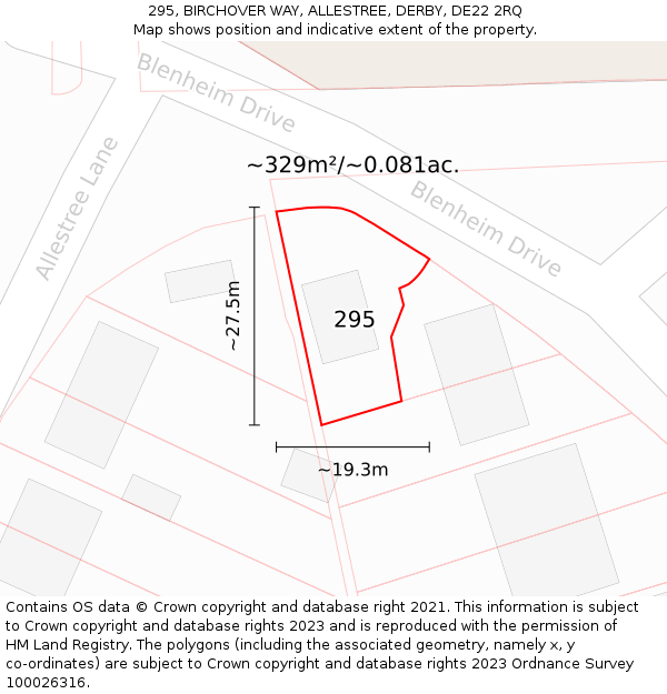 295, BIRCHOVER WAY, ALLESTREE, DERBY, DE22 2RQ: Plot and title map