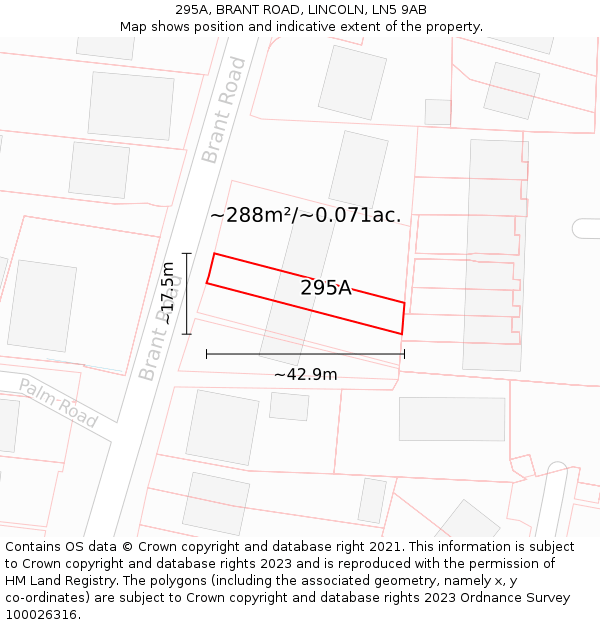 295A, BRANT ROAD, LINCOLN, LN5 9AB: Plot and title map