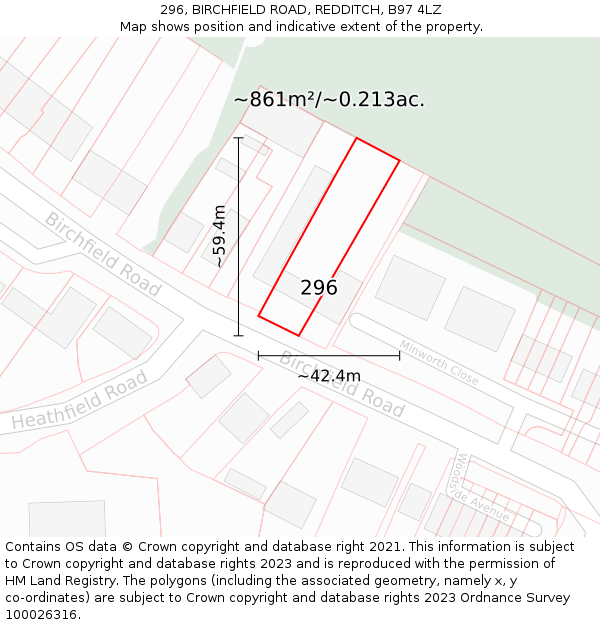 296, BIRCHFIELD ROAD, REDDITCH, B97 4LZ: Plot and title map