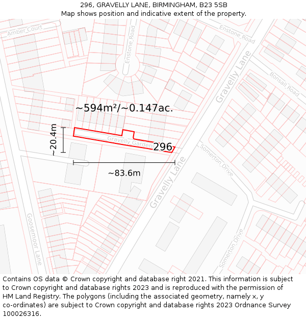 296, GRAVELLY LANE, BIRMINGHAM, B23 5SB: Plot and title map