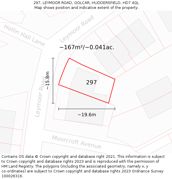 297, LEYMOOR ROAD, GOLCAR, HUDDERSFIELD, HD7 4QL: Plot and title map