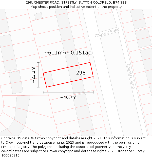 298, CHESTER ROAD, STREETLY, SUTTON COLDFIELD, B74 3EB: Plot and title map