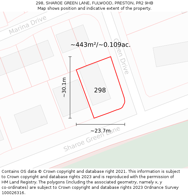 298, SHAROE GREEN LANE, FULWOOD, PRESTON, PR2 9HB: Plot and title map