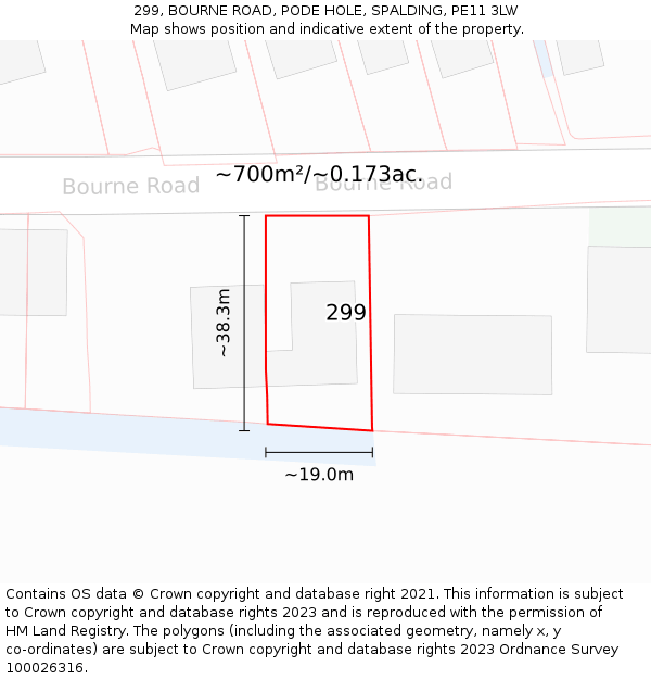 299, BOURNE ROAD, PODE HOLE, SPALDING, PE11 3LW: Plot and title map