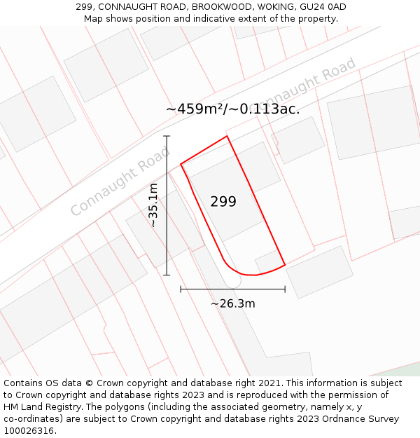 299, CONNAUGHT ROAD, BROOKWOOD, WOKING, GU24 0AD: Plot and title map