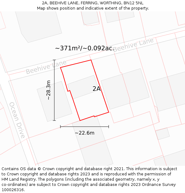 2A, BEEHIVE LANE, FERRING, WORTHING, BN12 5NL: Plot and title map